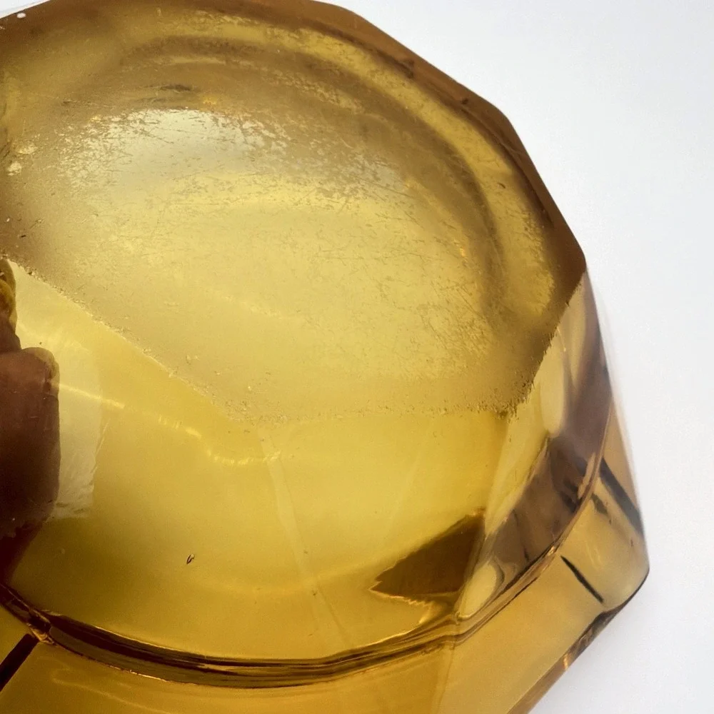 Vintage Amber Glass Ashtray Hexagonal Faceted Rim With Four Notches